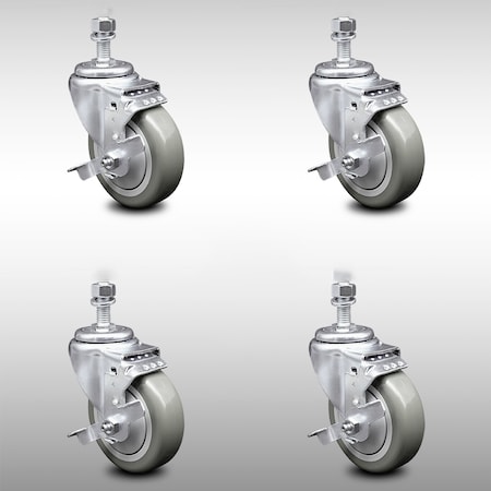 Service Caster 4 Inch SS Gray Polyurethane Wheel Swivel 1/2 Inch Threaded Stem Caster Set Brake SCC-SSTS20S414-PPUB-TLB-121315-4
